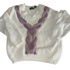 Cabin Creek Womens White & Purple Cable Knit Sweater S